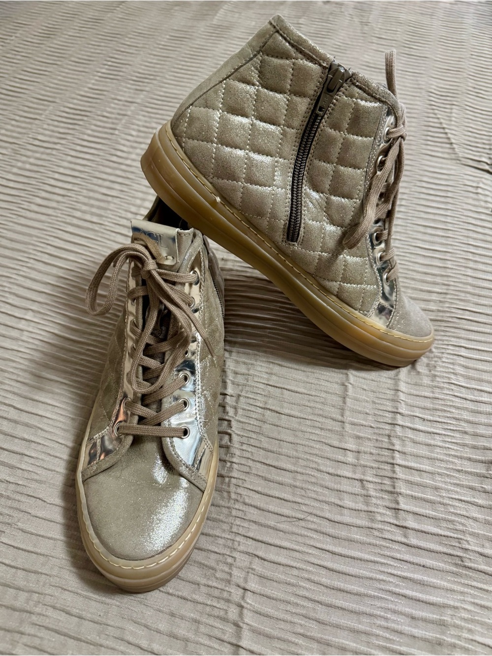 AGL Quilted High-Top Sneakers in Metallic Taupe